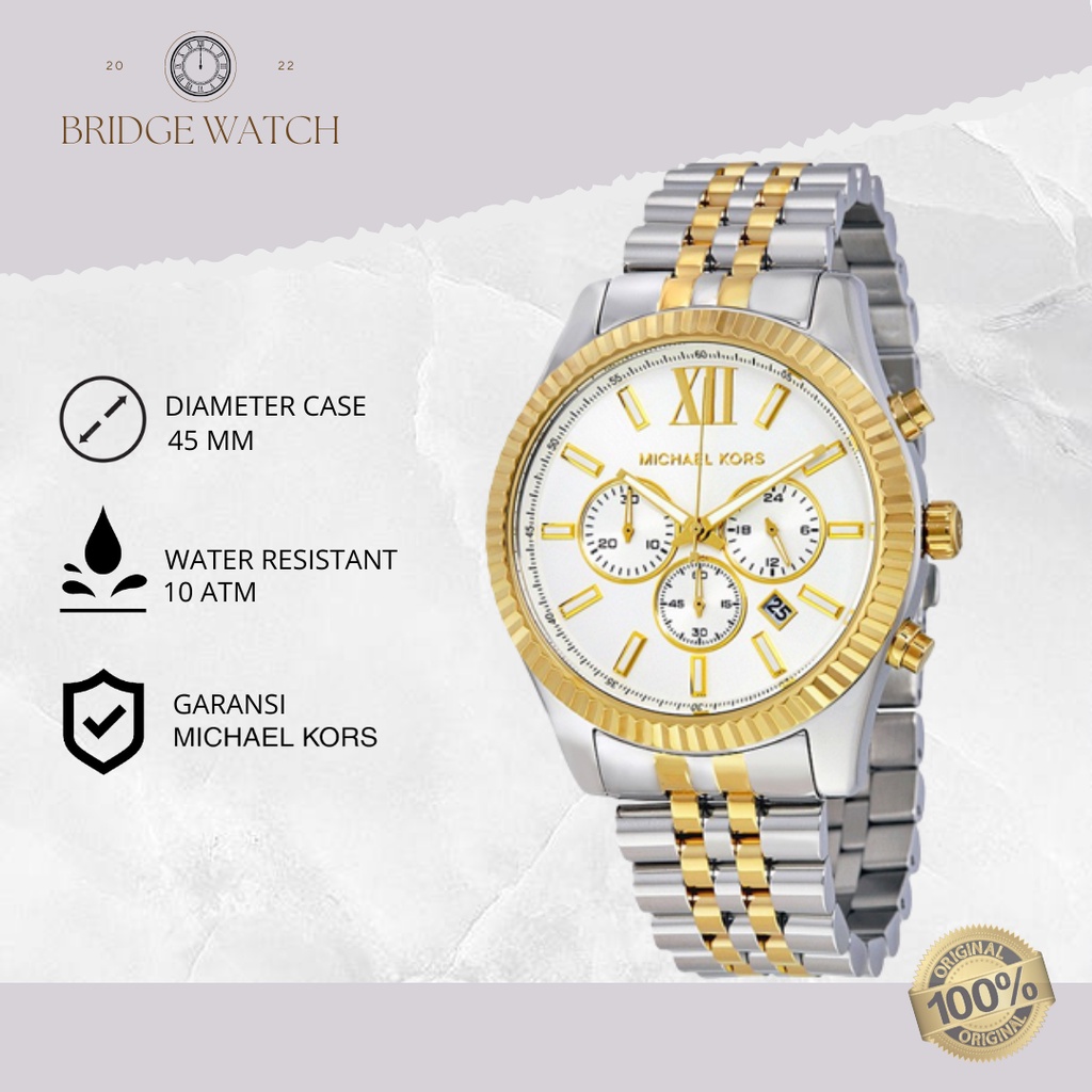 Jam Tangan Pria Michael Kors Lexington MK8344 Original Analog Chronograph Silver Gold Stainless Stee