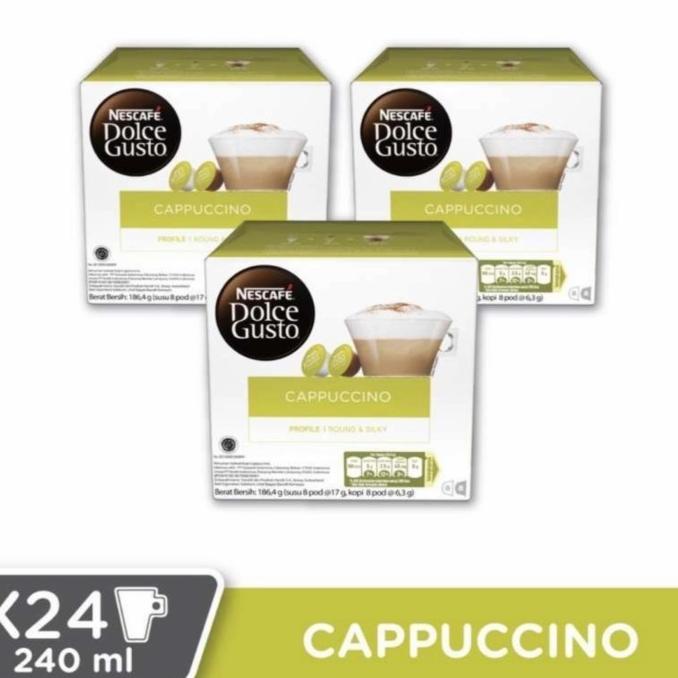 

Nescafe Dolce Gusto Cappucino Capsule. Paket 3 Box=48 Capsule=24 Gelas