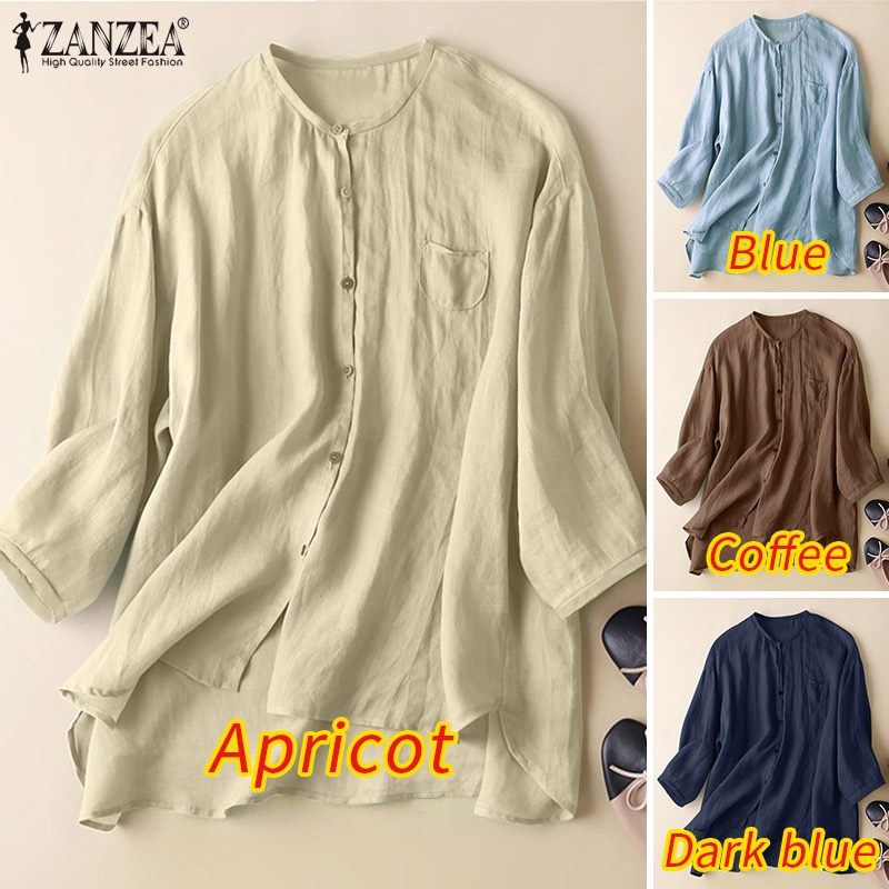 ZANZEA Women Casual Button Down Front Three Quarter Sleeve Front Pockets Blouse