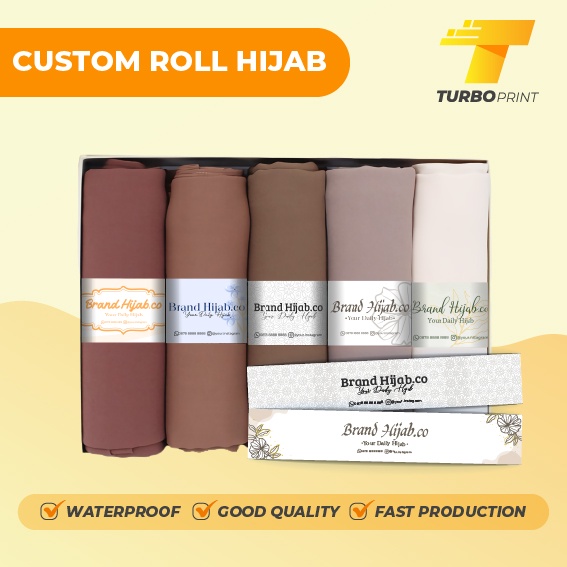 Cetak Roll Hijab / Roller Jilbab / Cetak Label Pengikat Kerudung Full Colour Custom Logo Nama