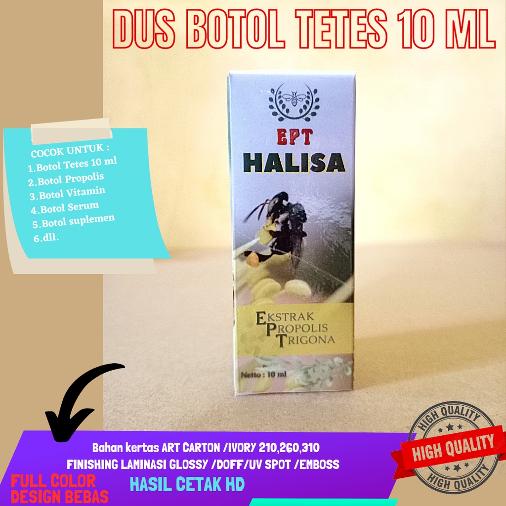 

CETAK CUSTOM DUS/KEMASAN BOTOL PROPOLIS/TETES/OBAT(FULL COLOR)