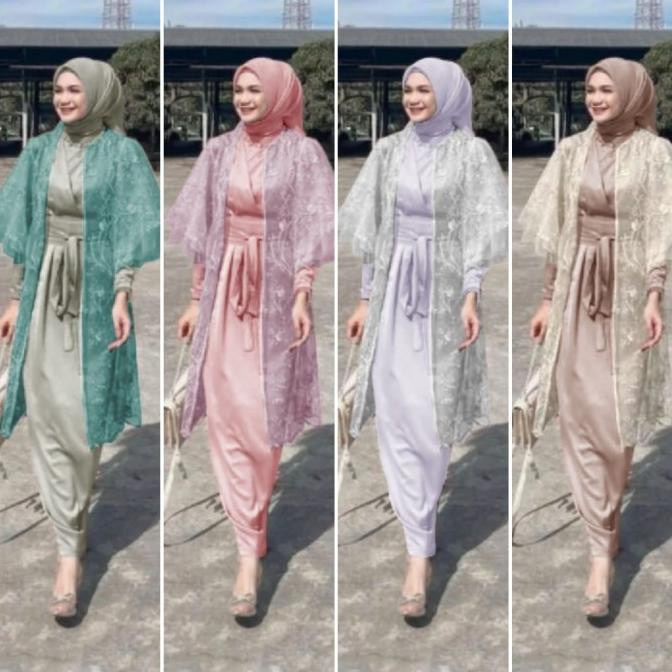 Maxi Dress Brukat Free Set Cardi Cardigan Baju Pesta Kondangan Wanita