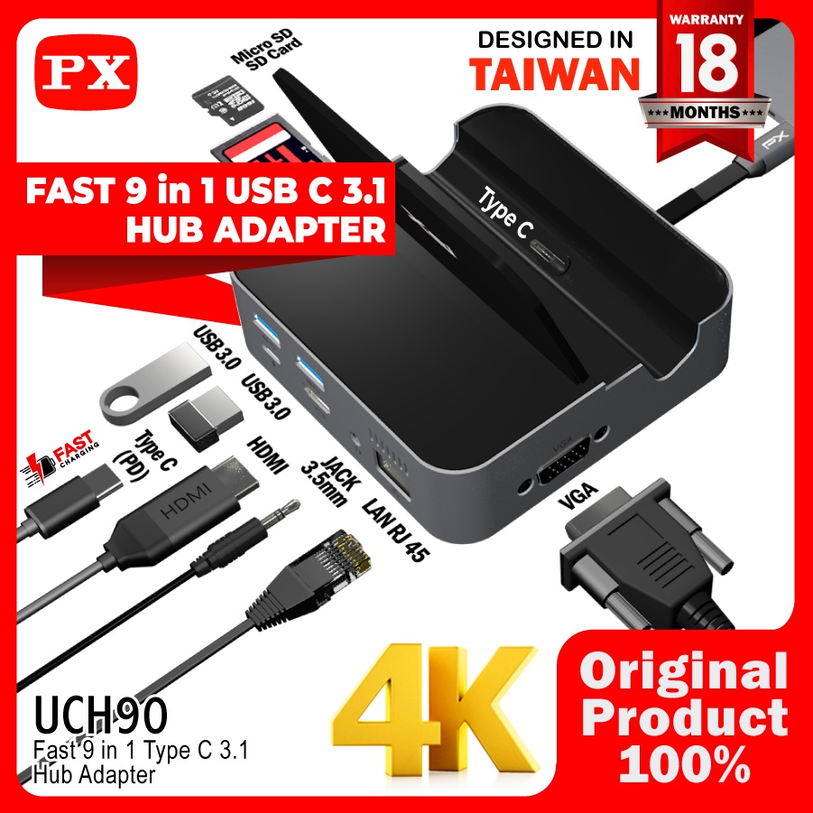 Converter Hub Adapter 9 in 1 Type C 3.1 HDMI VGA USB 9 in 1 PX UCH90