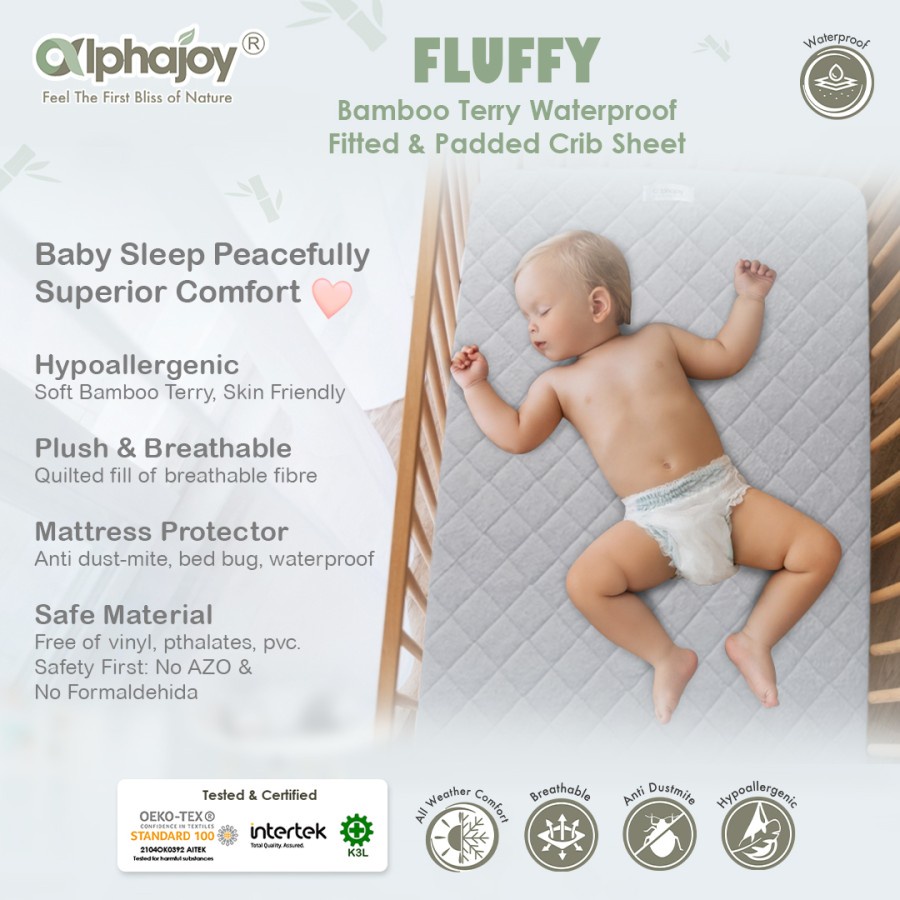 Sprei Bayi Alphajoy FLUFFY Bamboo Terry Waterproof Fitted Padded Crib Sheet