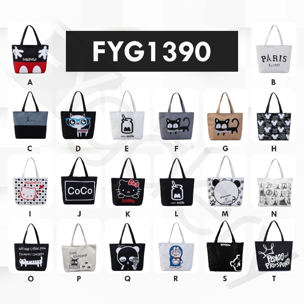 FYGALERY FYG1390 Totebag Wanita Tote Bag Resleting Kanvas Karakter Murah