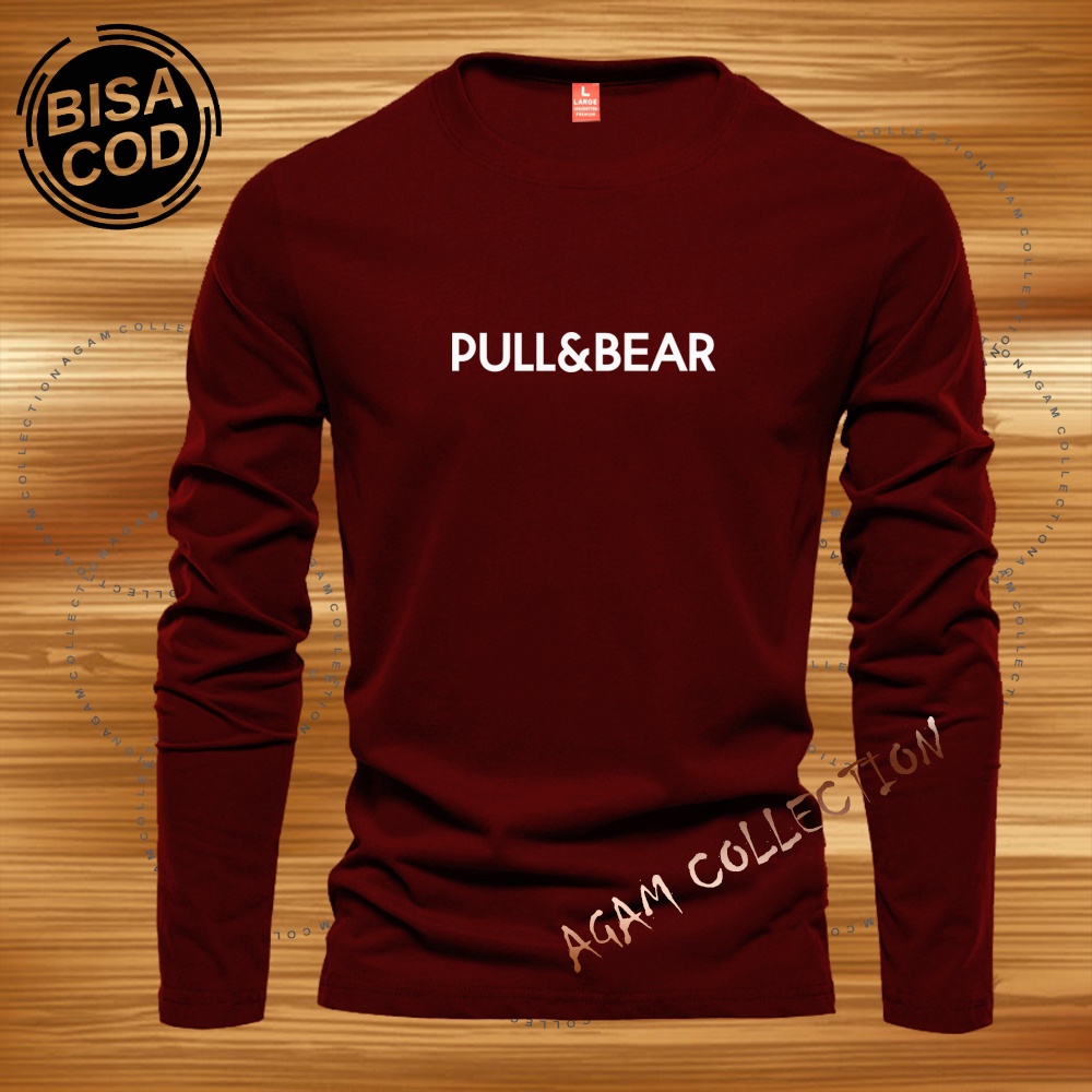 Agam Collection Baju Kaos Distro Pull&amp;Bear Text Putih Lengan Panjang Premium Quality Kaos Pria Keren Kaos Cewek/Cowok