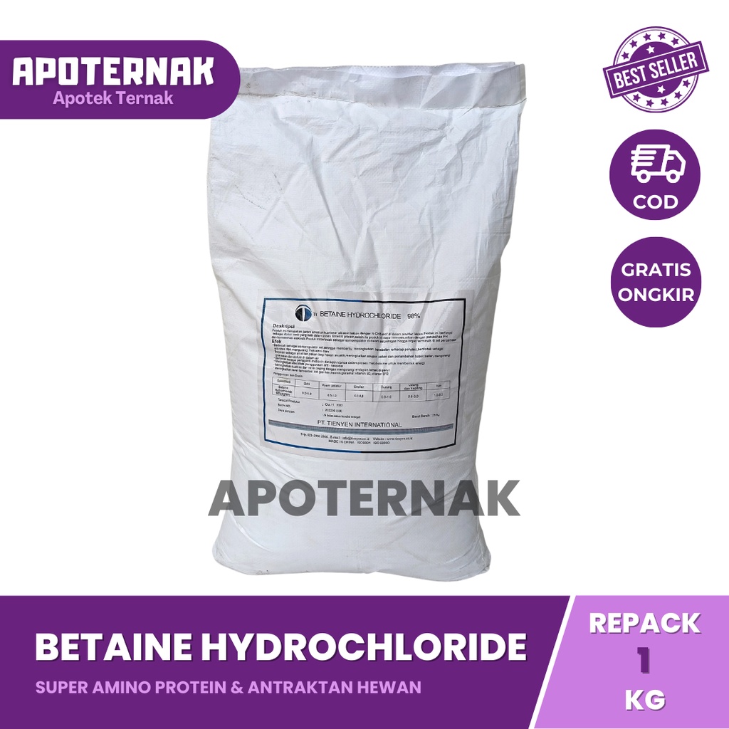 BETAINE HCL 1 kg | Super Amino Protein &amp; Atraktan Hewan Sapi Babi Ayam Burung Udang Kepiting Ikan | Betain Ternak