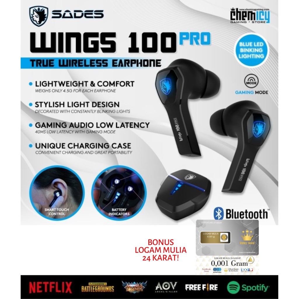 TWS Earphone Sades Wings 100 Pro True Wireless TWS Gaming Earphone