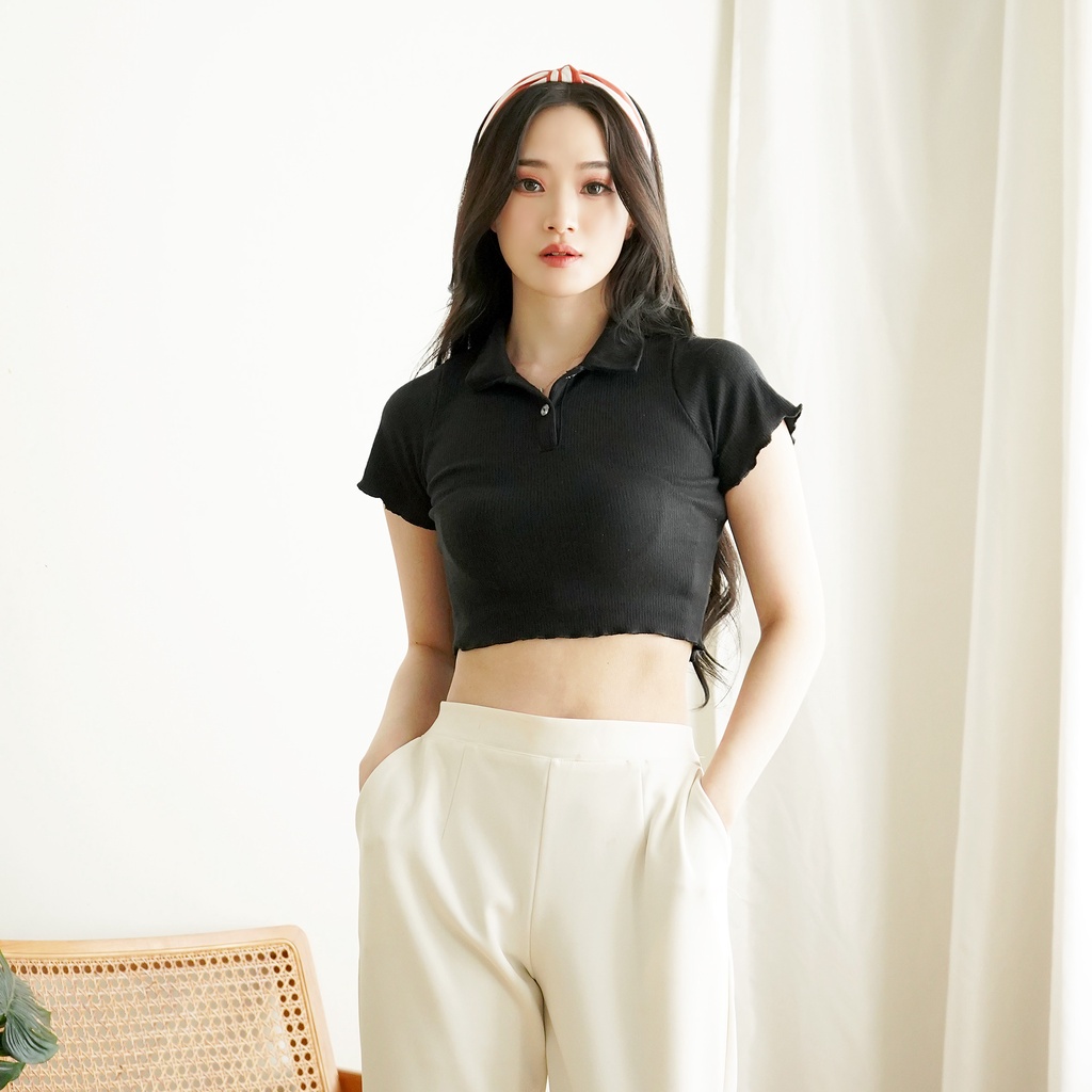 Korean Crop Top Tee Unfinishied Croptop Knit Rib Kerah Wanita 125