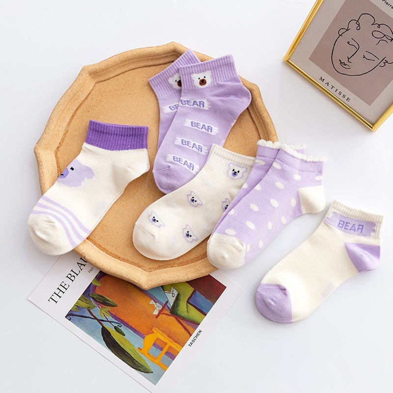 T&amp;Y Kaos Kaki Wanita Pendek Motif Beruang Ungu 6584 Kaos Kaki Pendek Fashion Korean Unisex Semata Kaki Purple Bear Socks Import Ankle Socks Korean Model Simple Cute