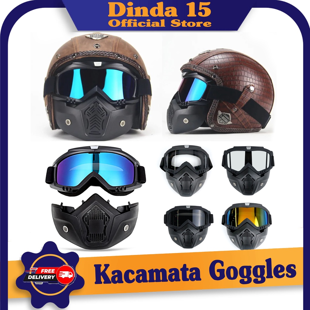 BOLLFO Kacamata Goggles Mask Motor Retro Windproof - gogles cross - kacamata Sepeda Motor Helm Terbuka - googles Pelindung Wajah - masker kacamata helm retro