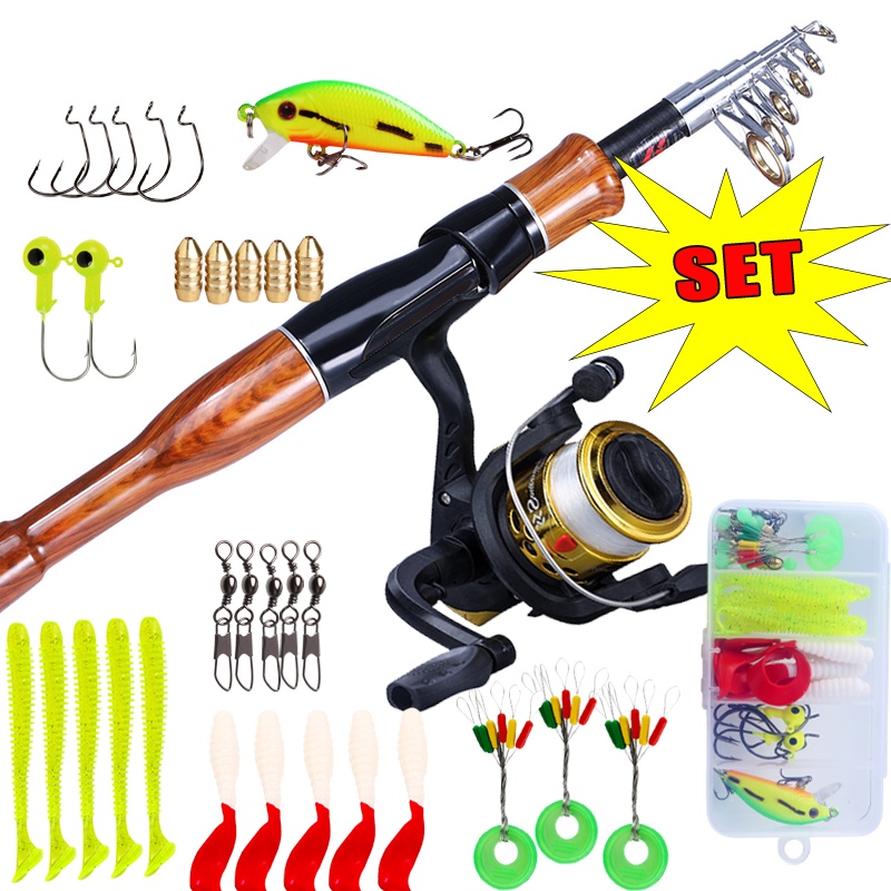 Joran Pancing Set 1.60M 8 Bagian Spinning Fishing Rod Reel Set  Wooden Telescopic untuk Air Tawar Anak-anak Fishing pancingan set lengkap