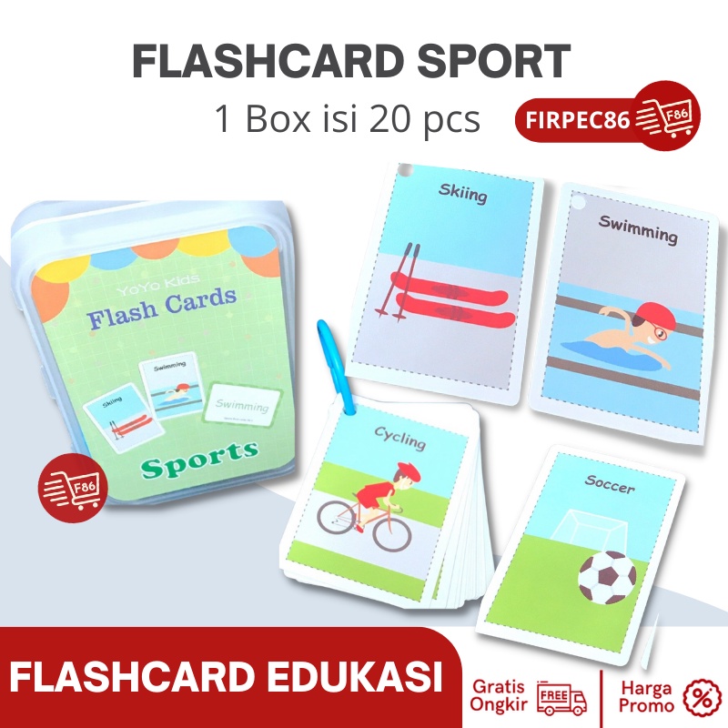 F86 - FLASHCARD ENGLISH ANAK PLUS KOTAK / Kartu pintar Balita / Flashcard / Flash Card Balita Murah - Sports / Olahraga