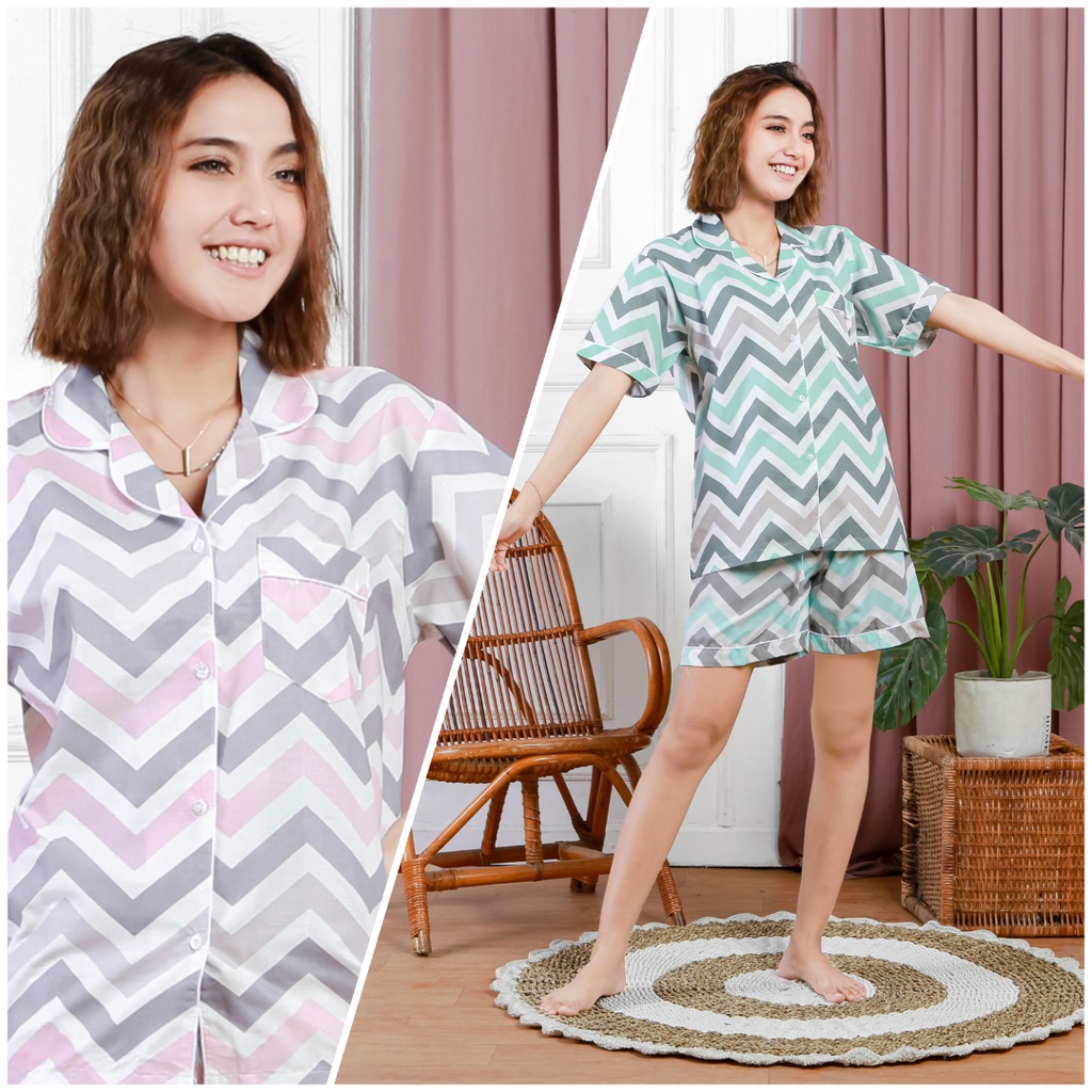 PIYAMA KATUN WANITA ZIGZAG / BAJU TIDUR PEREMPUAN / WOMAN PAJAMAS / ZIGZAG PINK / TOSCA