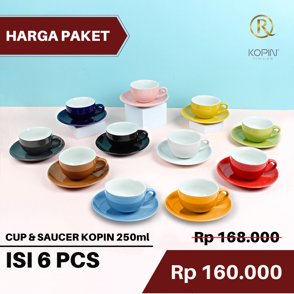 6 Sets Cup &amp; Saucer Coffee Tea Set 2 Warna Porcelain Keramik 250ml