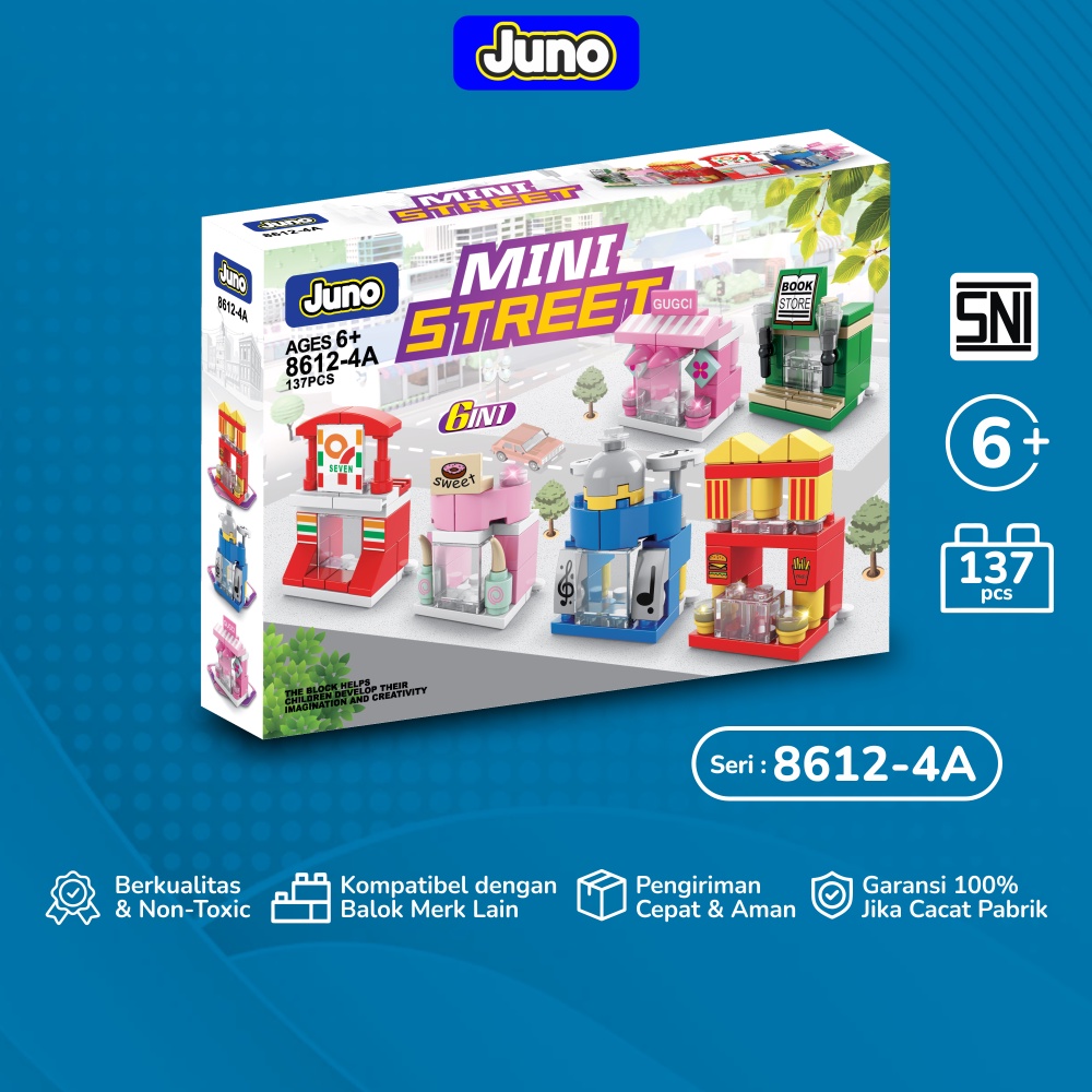 Juno Mainan Bricks Mini Street View 6in1 Anak Rumah Minimart MCD Cafe Seri 8612-4A Balok Block Toys
