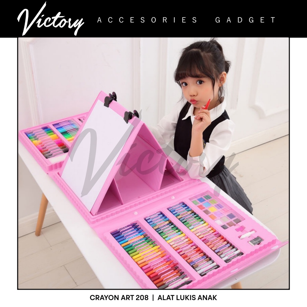 VICTORY Crayon Anak Pengasah 208pcs Set Alat Menggambar Melukis Anak-anak Crayon Cat Air Pensil