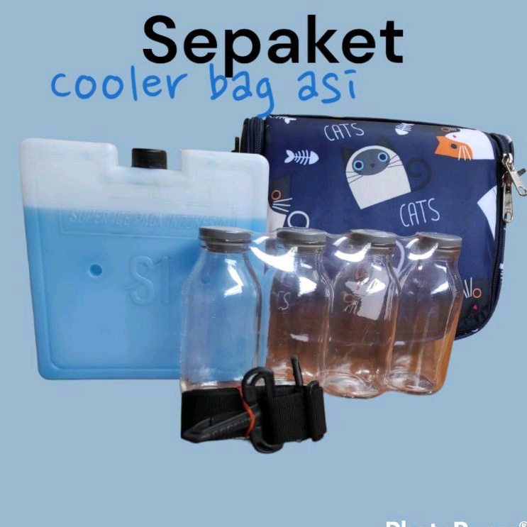 SEPAKET cooler bag tas asi ( tas + botol kaca asi 100ml + ice gel pack 500ml+ tali slempang tas)