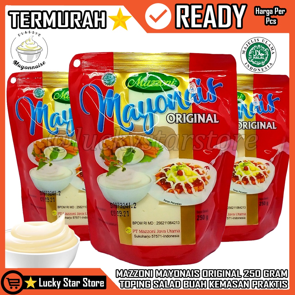 

MAZZONI MAYONAIS MAYONES MAYONIS ORIGINAL 250 GRAM KEMASAN PRAKTIS TOPING TOPPING SALAD BUAH SCHOTEL NUGET PISANG HALAL MUI BPOM MAZZONI MAYONAIS ORIGINAL MAYONNAISE MAYONES 1KG 120GR MAZZONI MAYONNAISE