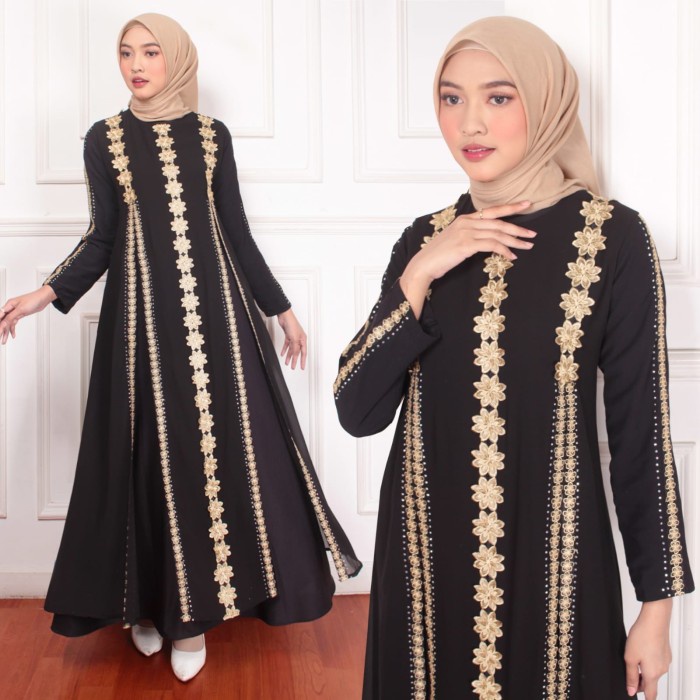 Gamis ABAYA TURKEY BUNGA CANTIK - HitamGOLD, M(I2C6) Abaya Hitam Bordir Gamis Turky Terbaru 2022 Mew