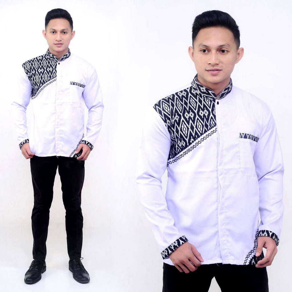 baju koko atasan muslim pria warna putih lengan panjang motif slempang silver batik veldanava pekalongan
