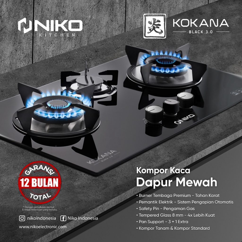 Kompor Gas Tanam Niko Kokana Black 3 Tungku / Kompor Kaca