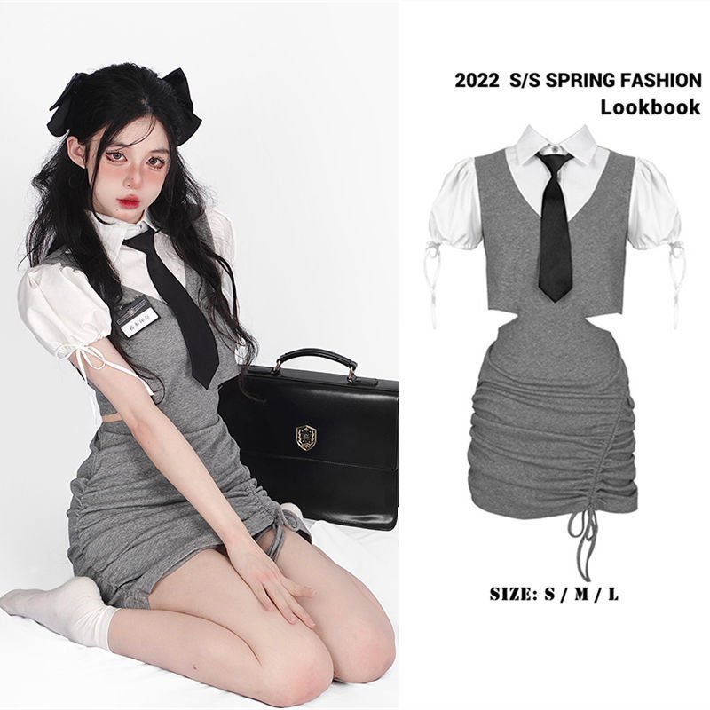 [✅BISA COD] #Sisjuly# Gaun penyambungan kemeja wanita palsu dua potong berongga lengan gelembung tan