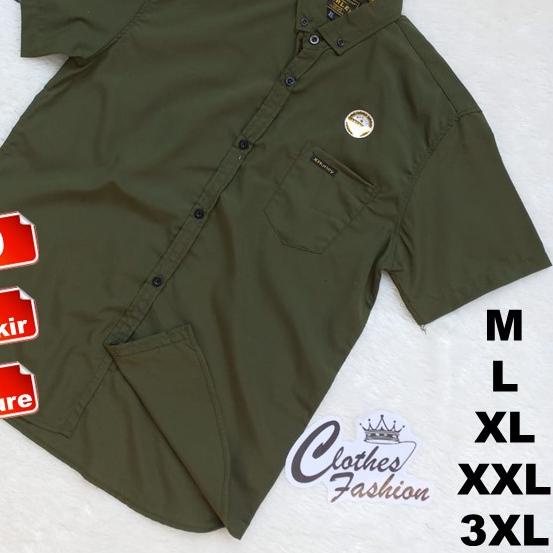 ✵ Baju Kemeja Hem Hijau Army Polos Slim Fit Pria Cowok Laki Laki Lengan Pendek Slimfit Oversize Big 
