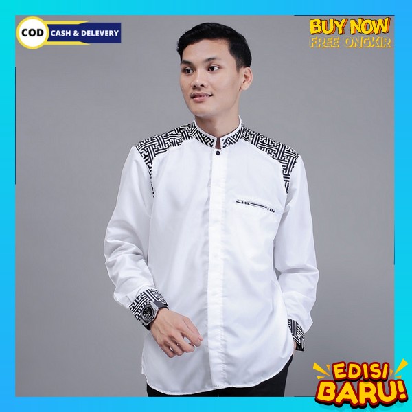 Koko Kombinasi Bordir Dan Warna Lengan Panjang Koko Dewasa Kok Wy492 Wadimor - Putih, L  Kemko Motif Keren Baju Koko Pria Lengan Panjang Motif Kobata Kombinasi Batik Warna Silver