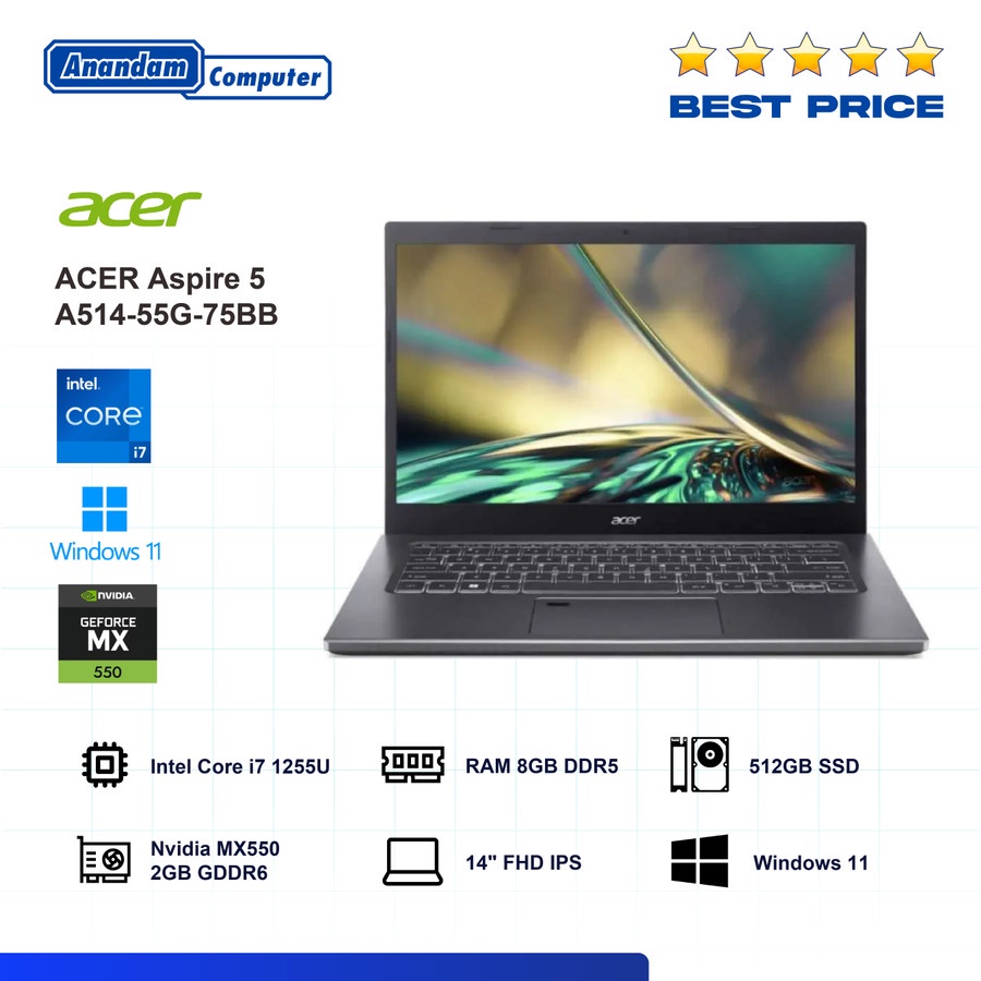 Laptop ACER Aspire 5 A514-55G-75BB Core i7 1255U 8GB 512GB MX550 W11