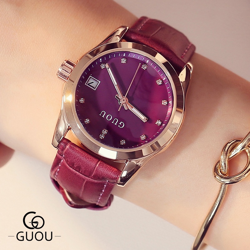 【GUOU】2023 Jam Tangan Wanita Klasik Mode Display Kuarsa Santai Jam Tali Kulit Tahan Air Jam Tangan Cewek (Free BOX+Kartu Garansi)
