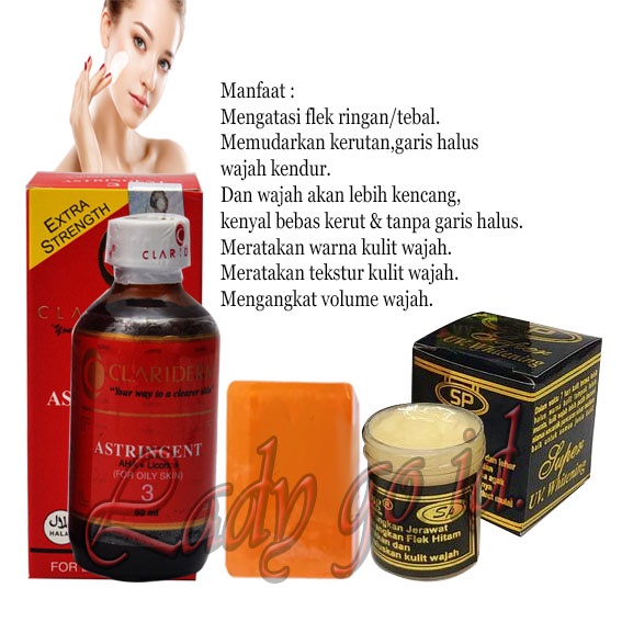 PAKET TONER CLARIDERM + CREAM SP HITAM + SABUN OREN MINI