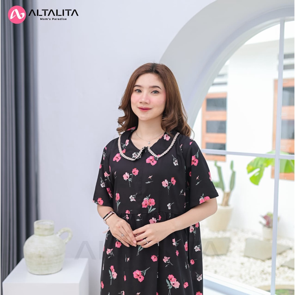 Altalita - Daster Kerah Renda Wanita Busui Motif Remaja Kekinian Lengan Pendek Panjang Semata Kaki Bahan Rayon Premium Jumbo LD 120