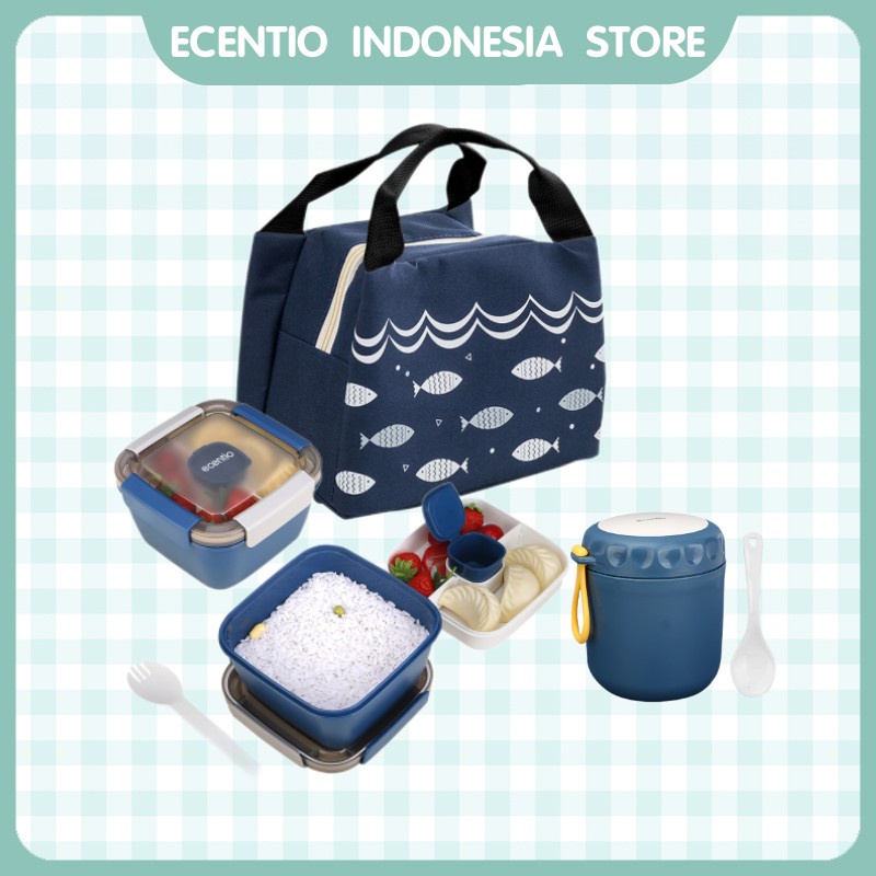 ecentio kotak makan set 1.1L tempat makan set free sendok wadah saus cangkir sup plastik anti tumpah dan tas bekal lunch bag