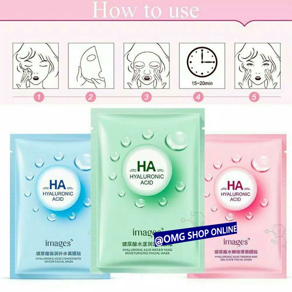 Isi 10 Pcs CAMPUR !! Masker Wajah Images HA Hyaluronic Acid Serum Glowing Facial Sheet Mask / Masker Wajah Pemutih dan Glowing Masker Muka / Masker Wajah Organik Korea Serum Wajah Pria Wanita Masker Wajah Komedo dan Pori Jerawat / Masker Wajah Viral