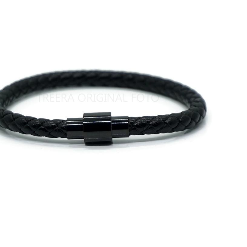 ❋ Treera - Gelang Kulit Pria Hitam Magnetic Lock Emas Hitam Original ✬
