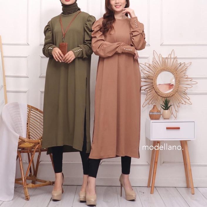 ➦ TUNIK BALON 1 RAJUT IMPORT MUTIARA POLOS MUSLIM LONG MELAR BIGSIZE XL XXL TANGAN BALON PUFF MURAH 