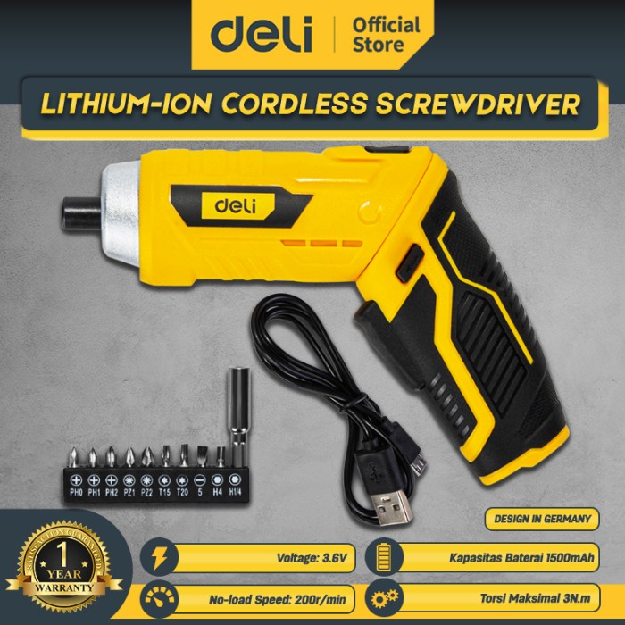 Deli Lithium-Ion Cordless Screwdriver / Obeng Listrik Baterai Tanpa Kabel 3.6V 18+1 Pengaturan Torsi