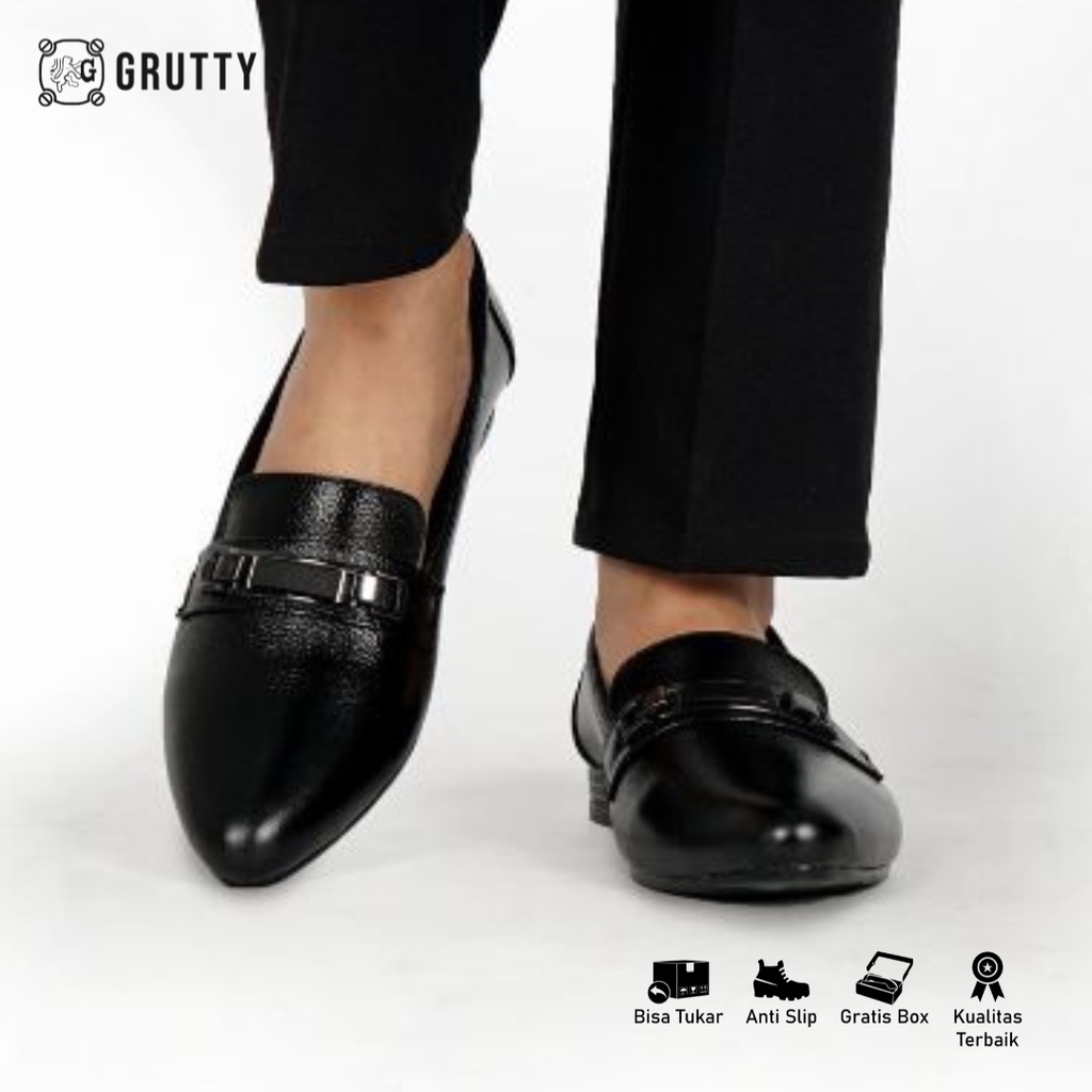 Sepatu Wanita Kerja Kantor Pantofel Flat Shoes Kulit Asli CPC 1306 Hitam