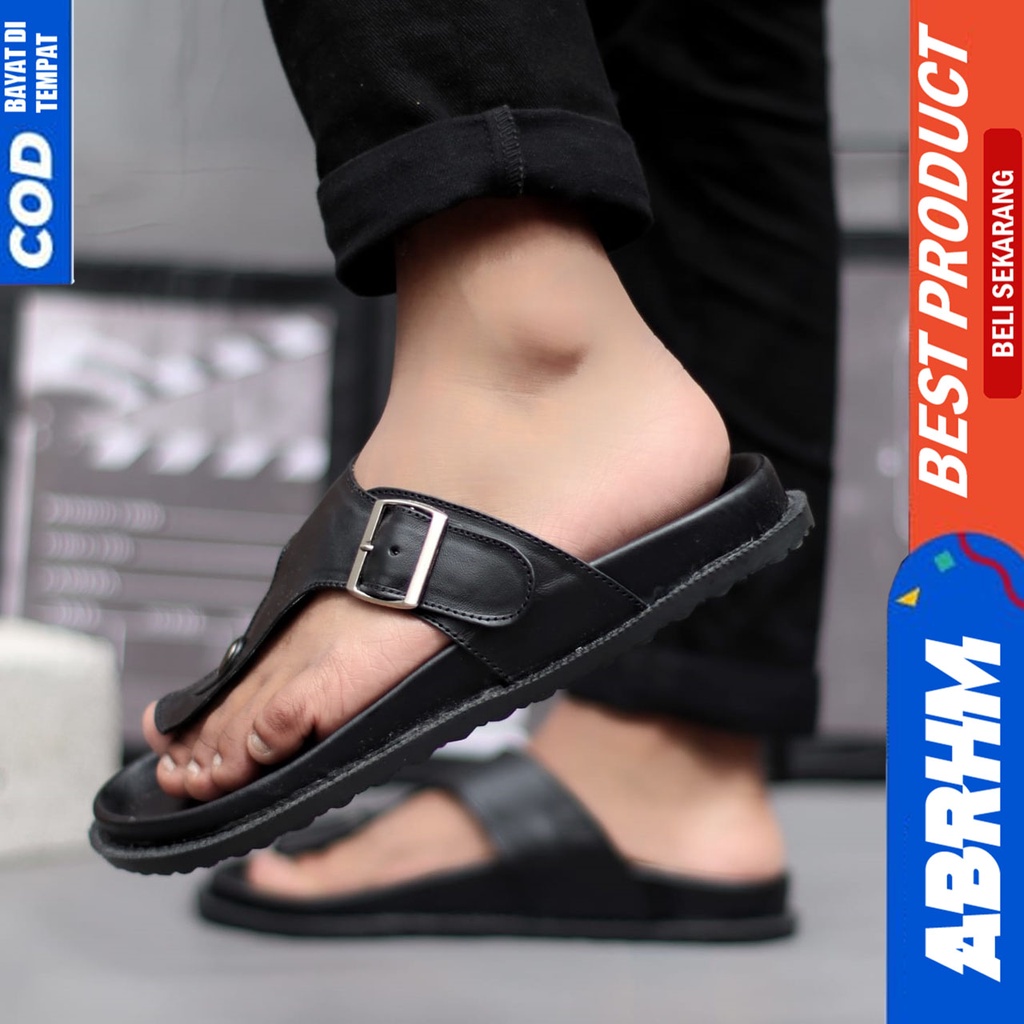 Sandal Slide Pria Casual Kulit Asli Sendal Selop Pria Hitam Abrhm Frankie