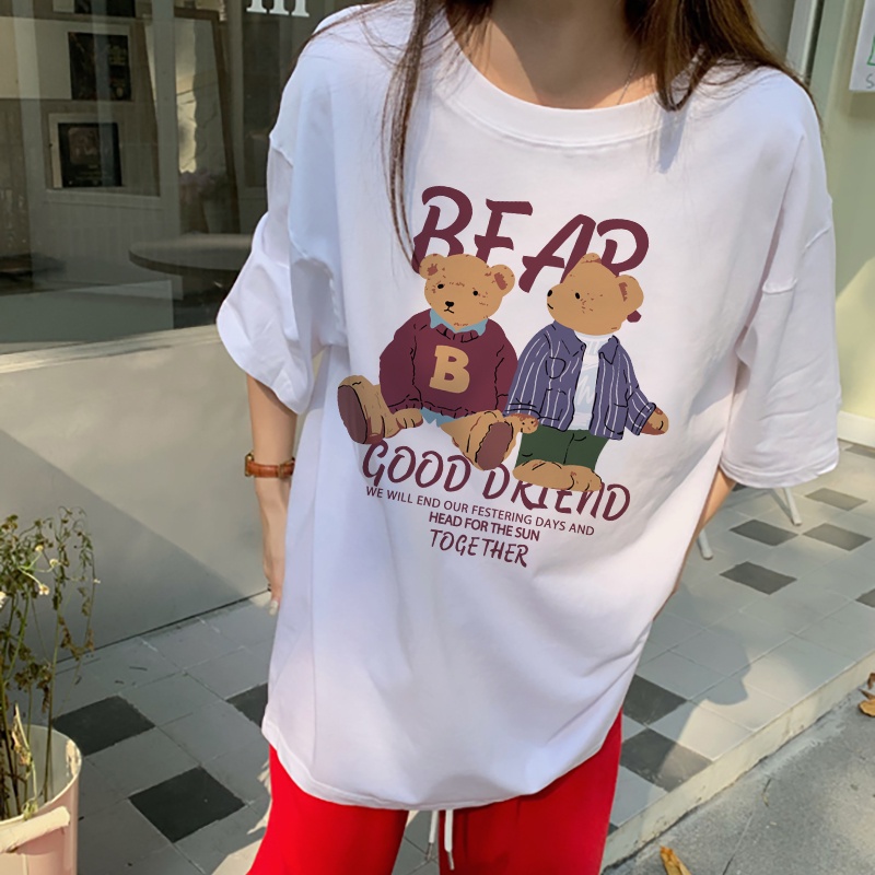 Print T-shirt Kaos Lengan Pendek Cartoon Red Bear Atasan Wanita Korean Style