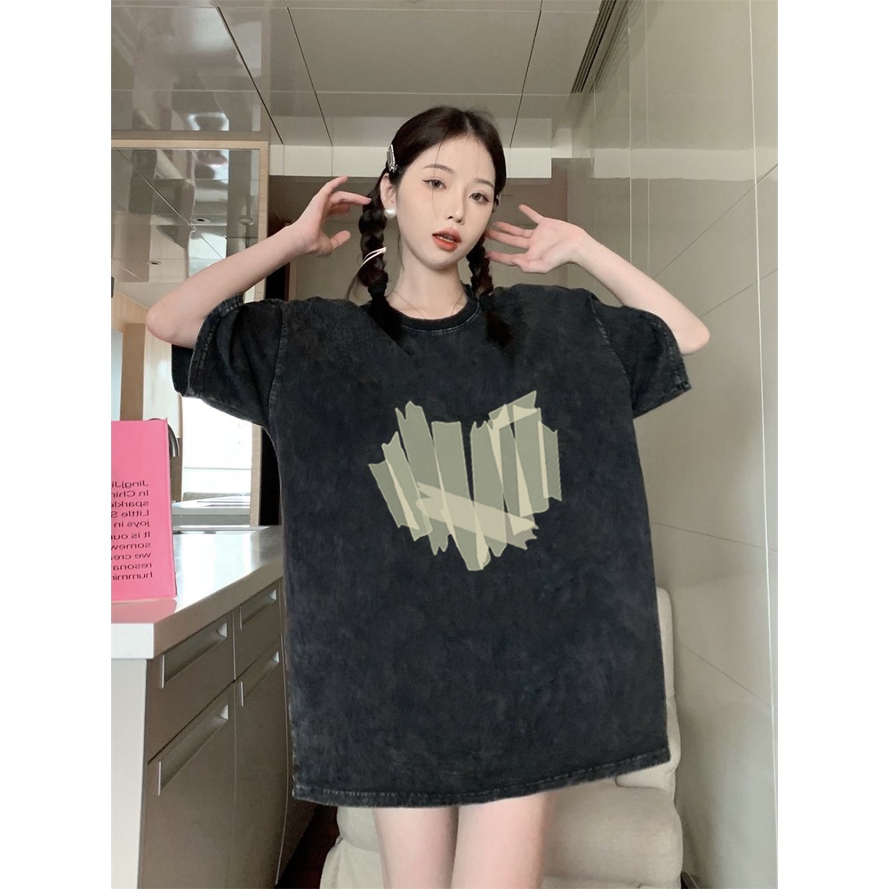 XIAOZHAINV Kaos Atasan Wanita Heart Pattern Lengan Pendek A0306