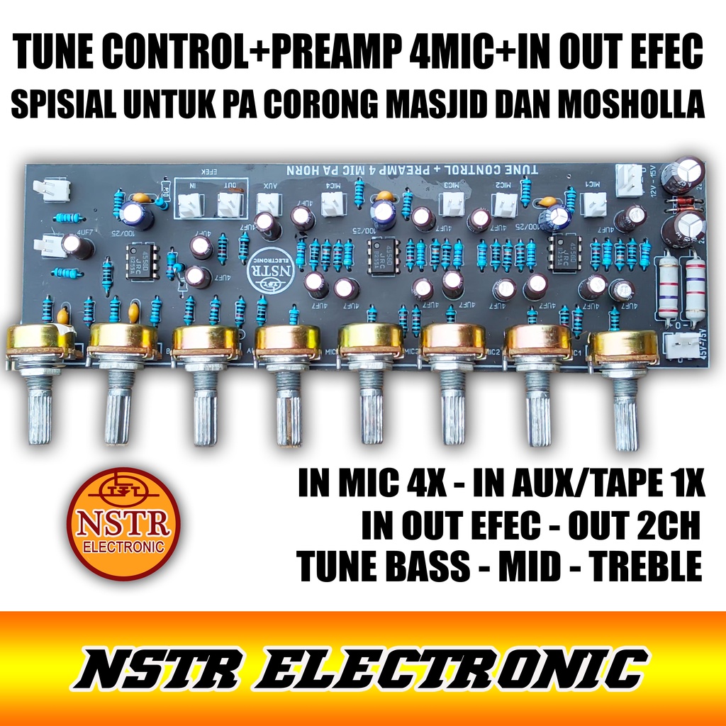 TUNE CONTROL BASS MID TREBLE +PREAMP 4MIC + AUX IN+ IN OUT EFEC UNTUK AMPLI CORONG TOA