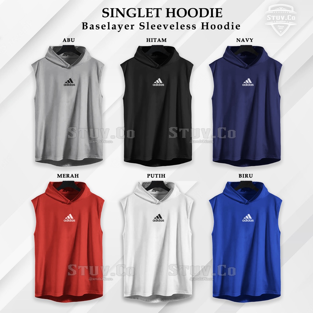 Manset Hoodie Pria Sleeveless Baselayer Singlet Kupluk Olahraga Gym Fitness Futsal Jogging 6 Warna