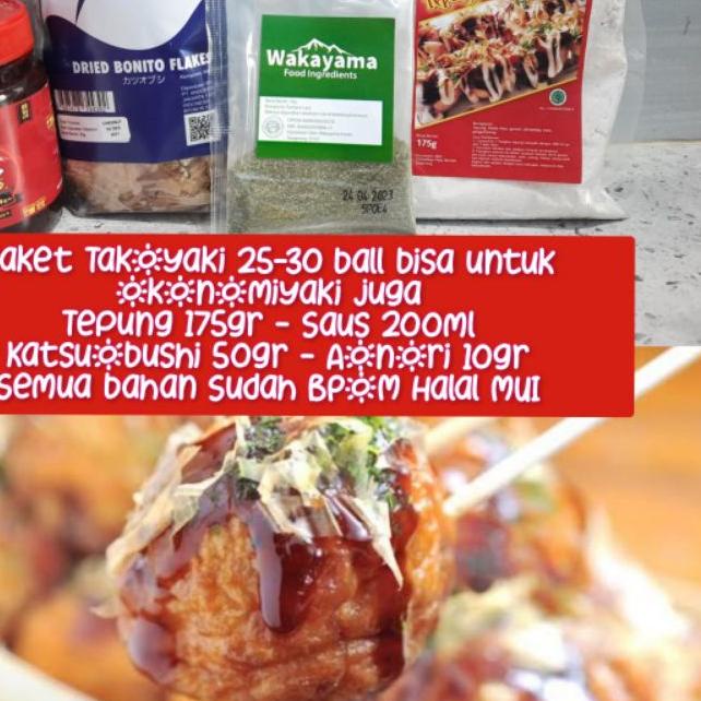 

☑ Paket bahan takoyaki lengkap halal murah tepung premix takoyaki katsuobushi aonori saus takoyaki sauce ☎