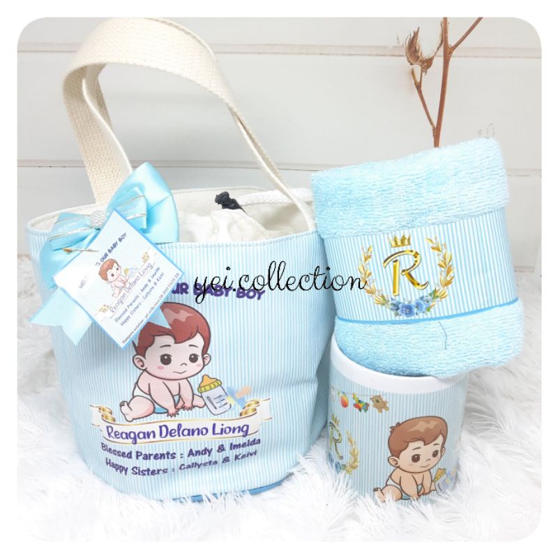 PRE ORDER - Souvenir Mug & Handuk Custom Tas Tabung Premium | Hampers Bayi, Wedding, Ulang Tahun, Aq