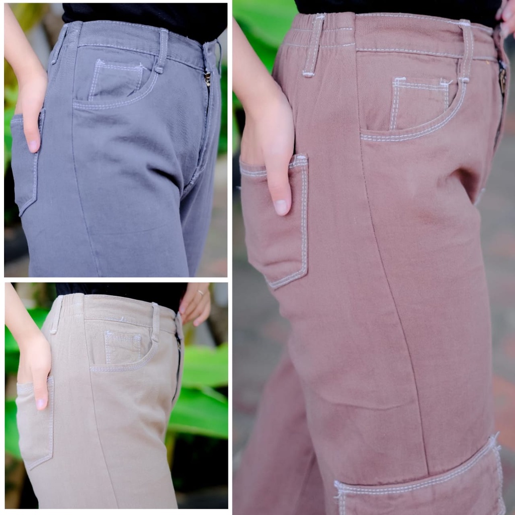 alvan.id Celana Highwaist Cargo Jeans Wanita Loose belakang pinggang karet