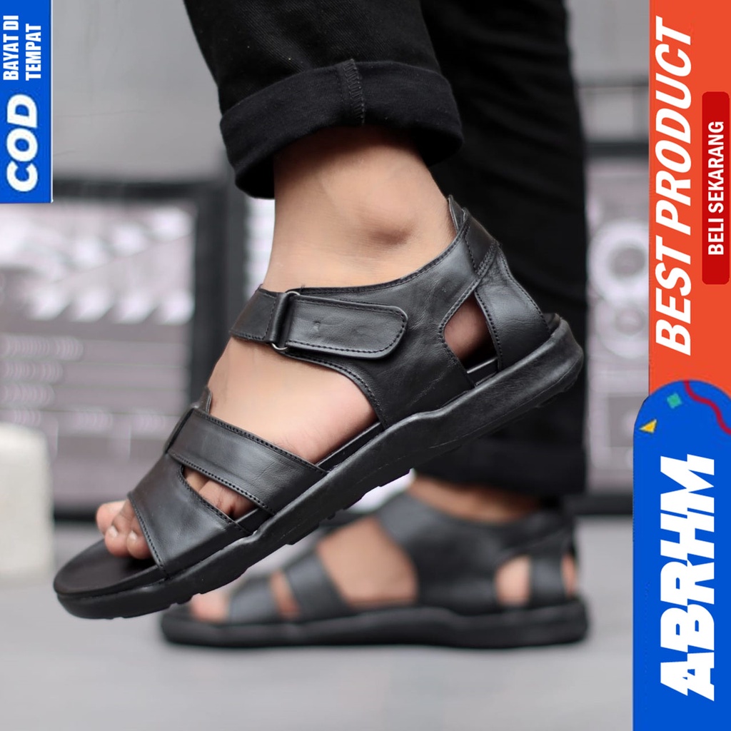 Sandal Pria Slide Casual Kulit Asli Sendal Selop Pria Hitam Abrhm Valkry