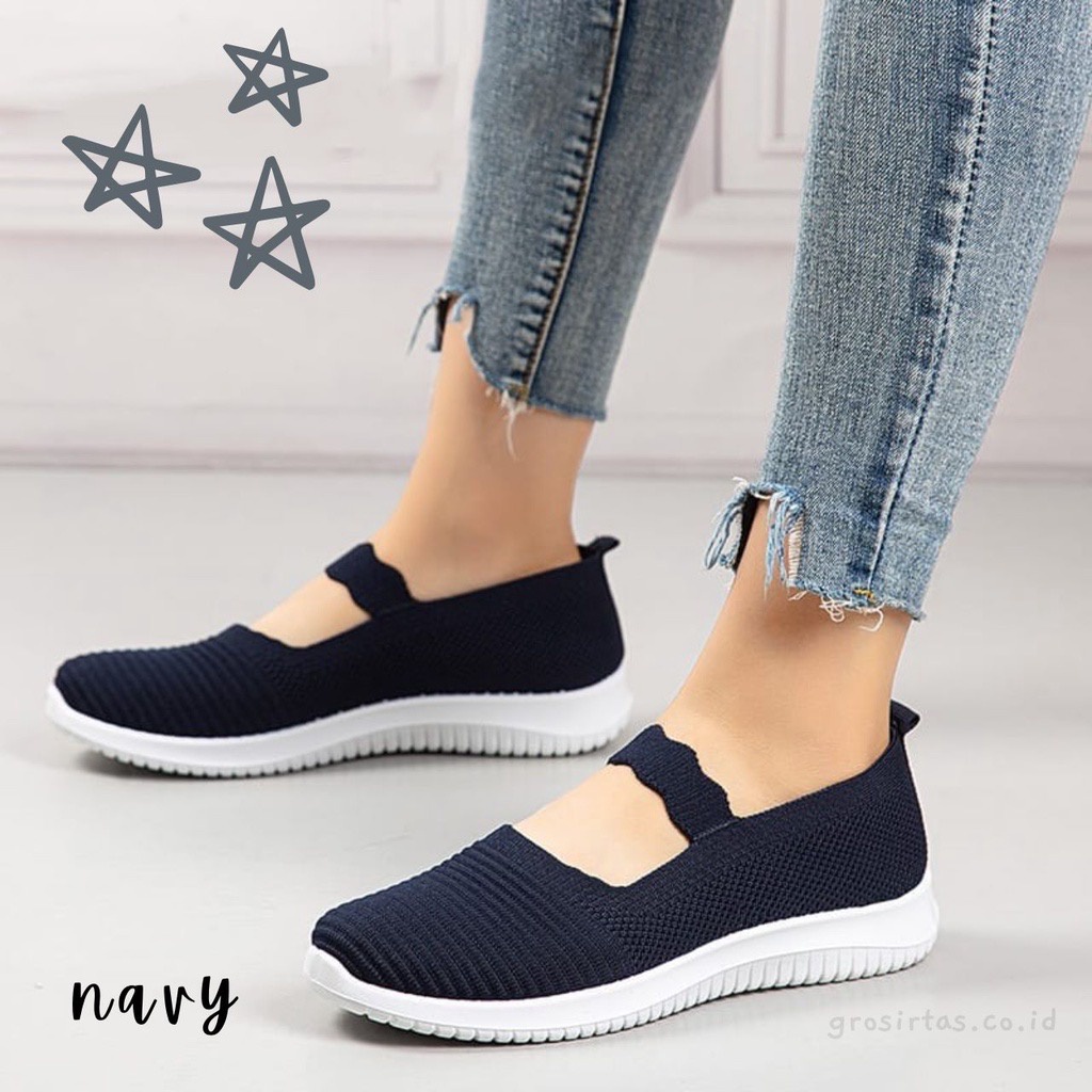 SHOEGALLERY KHAKI LV0143 &quot;FREE BOX&quot; Sepatu Slip On Wanita Motif Zigzag Polos Slop Import Fashion