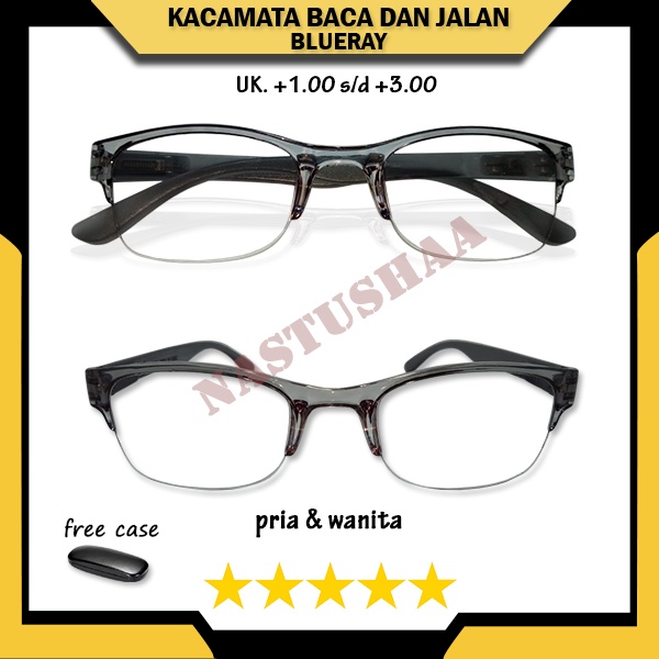 Kacamata 2 Fungsi Baca dan Jalan (+) Uk. +1.00 s/d +3.00 Blueray Gagang Per Kacamata Model Semi Rimless Warna Abu Lensa Gradasi Anti Radiasi Unisex FREECASE